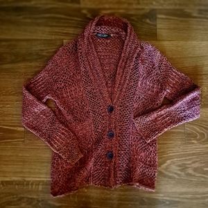 Light Rust & Green Vintage Zozo Crochet Knit Shawl Collar Cardigan M/L